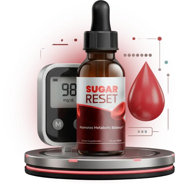 Sugar Reset blood sugar support drops next to a glucose monitor